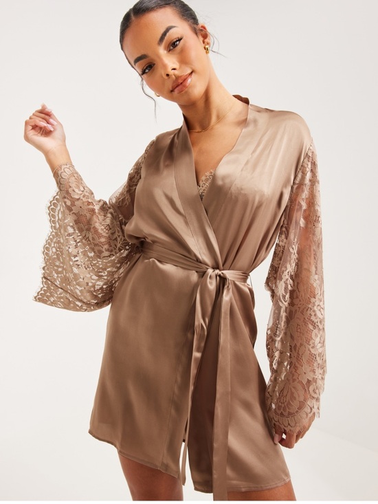 Hunkemöller Noir collection Taupe Lace-Sleeve Satin Robe Kimono Silk - Picture 2 of 11